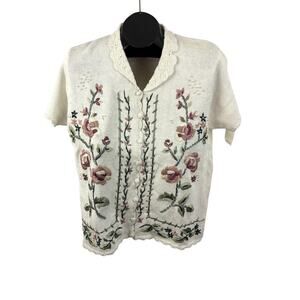 Vtg Tiara Floral Embroidered Cardigan Sweater NWT Medium Ramie Cotton 90's